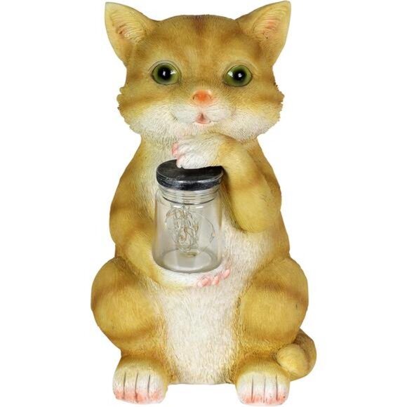 Garden Sculpture, Cat Solar Garden Statue with Jar of 8 LED Firefly Lights - Picture 1 of 4